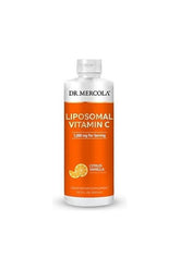 Dr. Mercola Liposomal Vitamin C liquid supplement with citrus vanilla flavor, 1000 mg per serving, in a bright orange bottle.